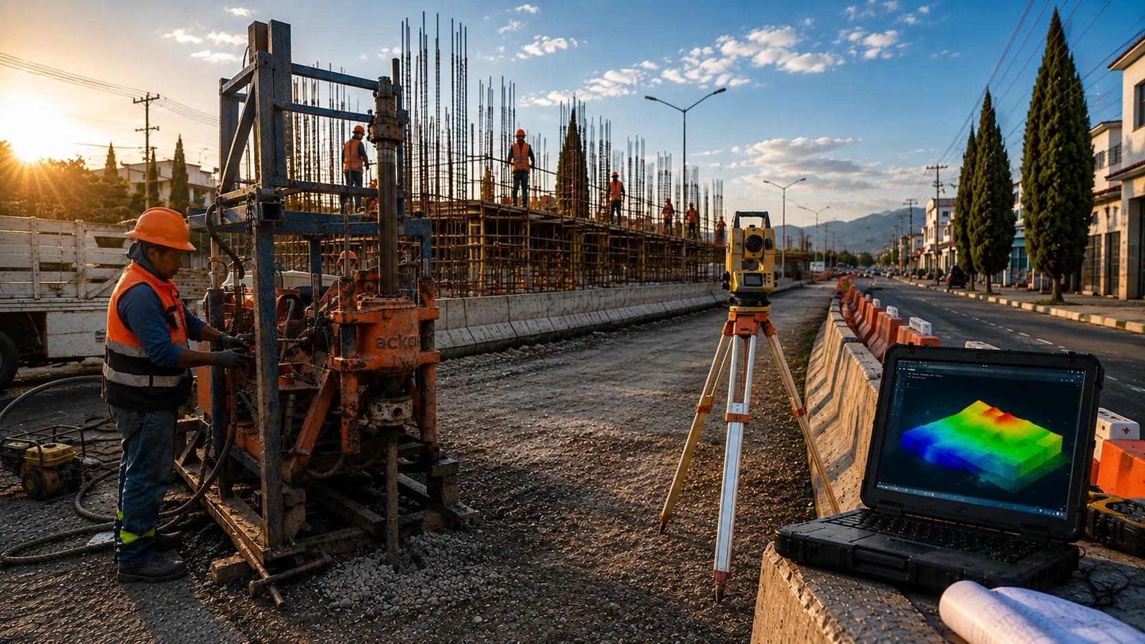 Equipo técnico de OSME realizando perforación geotécnica y levantamiento topográfico en obra al atardecer